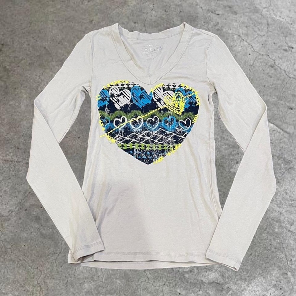 y2k gray, blue, and yellow heart graphic long sleeve top small